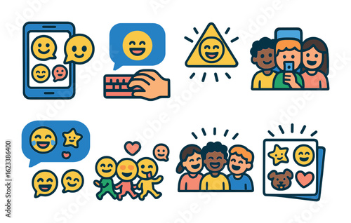 Playful Chat Icons. Flat vector mini-illustrations cheerful group chats in colors children's illustrations: