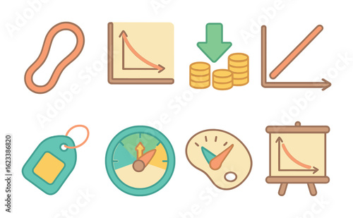Elasticity Icons Grid. Flat vector mini-illustrations elasticity of demand in colors children's illustrations: