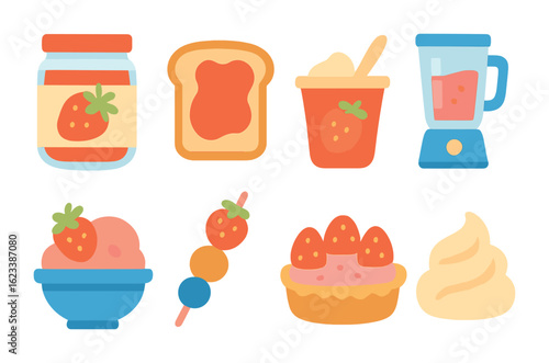 Strawberry Snack Icons. Flat vector mini-illustrations strawberry snack making in colors children's