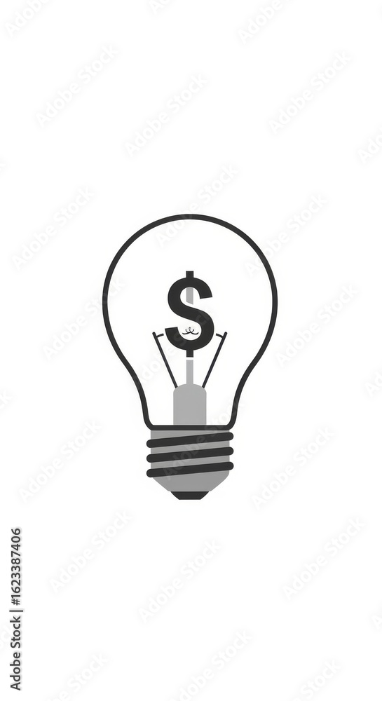 Illustration of a lightbulb with a dollar sign inside on a white background in black and gray tones Illustration of a lightbulb with a dollar sign inside on a white background in black and gray tones