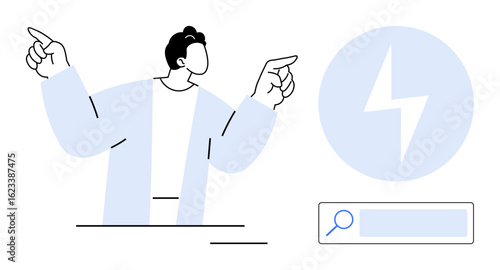 Person pointing up, energy bolt symbol, search bar. Ideal for technology, energy, innovation, guidance, teamwork creativity solutions. Perfect for simple landing page