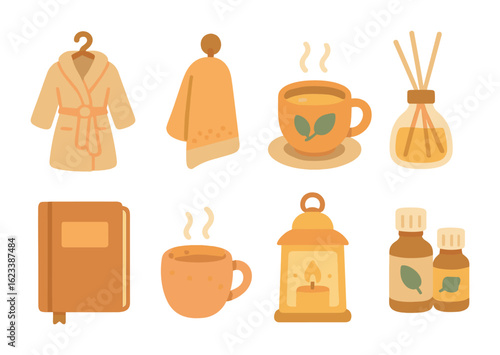 Cozy Self-Care Icons. Flat vector mini-illustrations self-care cozy corner in colors children's illustrations: