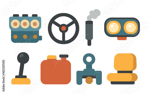 Colorful Tractor Parts. Flat vector mini-illustrations farm tractor parts in colors children's illustrations: