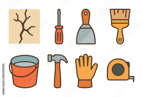 Repair Tools Icons. Flat vector mini-illustrations interior wall damage in colors children's illustrations: