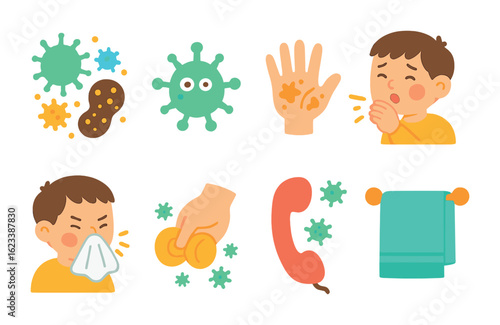 Germ Spread Icons. Flat vector mini-illustrations how germs spread in colors children's illustrations: