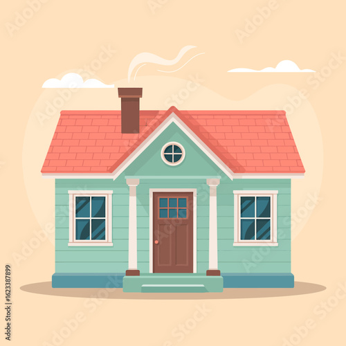 Charming Small House Illustration with Smoke Coming from Chimney and Pastel Colors for Real Estate and Home Concepts