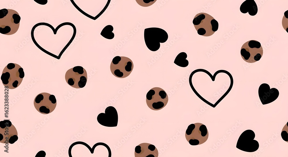 Fototapeta premium Charming seamless pattern featuring playful hearts and leopard spots on a soft blush background, perfect for trendy fashion and cute stationery designs.