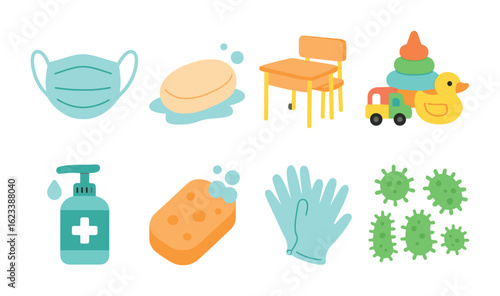 Germ Prevention Icons. Flat vector mini-illustrations stopping germs in schools in colors children's