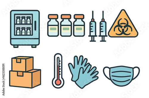 Vaccine Storage Icons Grid. Flat vector mini-illustrations vaccine storage area in colors children's