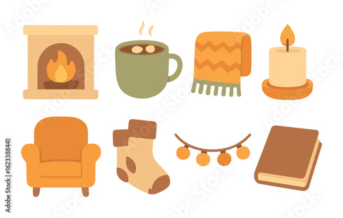 Cozy Fireside Icons. Flat vector mini-illustrations cozy fireside gathering in colors children's illustrations
