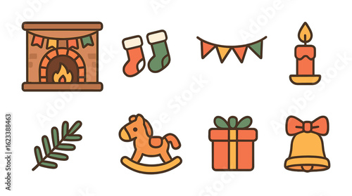 Festive Fireplace Icons. Flat vector mini-illustrations festive fireplace mantel in colors children's