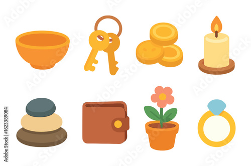 Colorful Key Essentials. Flat vector mini-illustrations decorative essentials for keys in colors children's