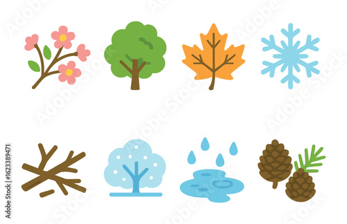 Children's Seasonal Forest Icons. Flat vector mini-illustrations forest seasons in colors children's