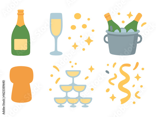 Celebratory Champagne Illustrations. Flat vector mini-illustrations sparkling wine in colors children's