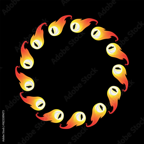 Fantasy vector illustration of whimsical creatures with one glowing eye and vibrant fiery colors. The elements are arranged in a perfect circular frame on a black background.