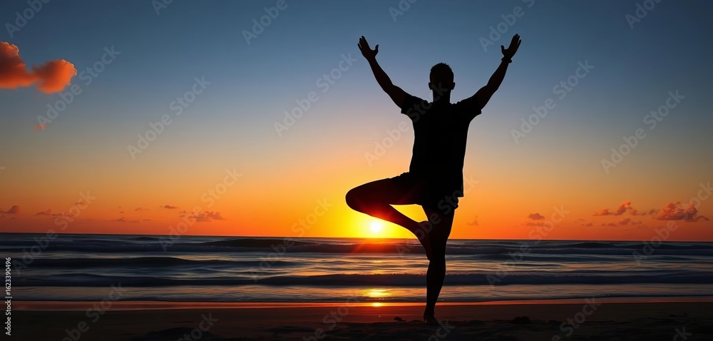 Silhouette of yogi in tree pose at sunset on ocean beach, waves, healthy lifestyle Silhouette of yogi in tree pose at sunset on ocean beach, waves, healthy lifestyle
