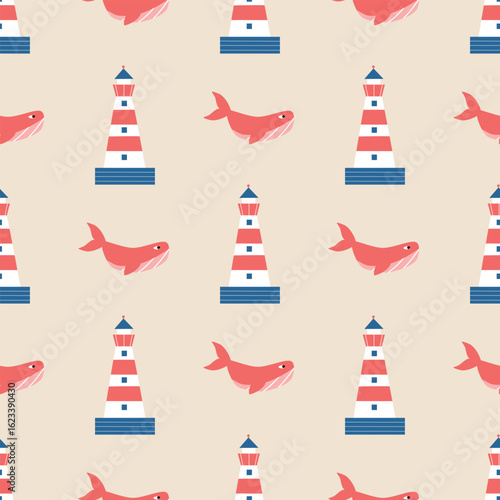 Cute red whales and lighthouse hand drawn vector illustration. Funny marine seamless pattern for kids fabric or wallpaper.
