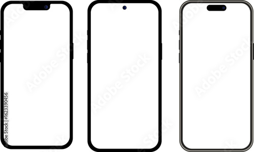Collection of modern smartphones with different display notches and various mobile interfaces with white screen, design for technological comparisons