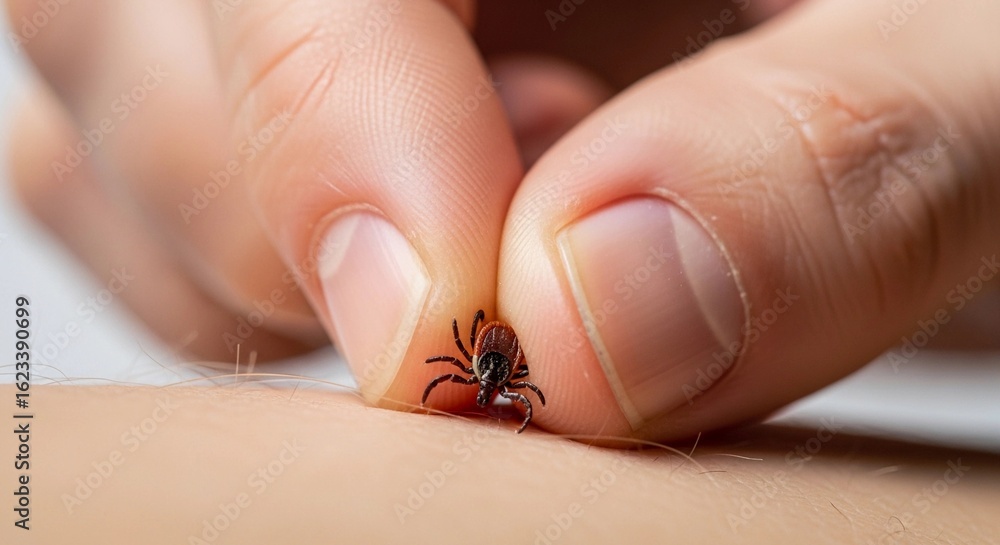 Obraz premium Fingers carefully remove a small Encephalitic mite from skin. The insect appears dark with a distinct body shape. The image focuses on the precise action of removing the parasite