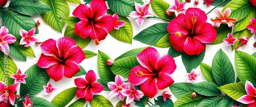 Wallpaper Mural Vibrant hibiscus, orchids & lush tropical foliage repeat seamlessly on white,  white background,  colorful Torontodigital.ca