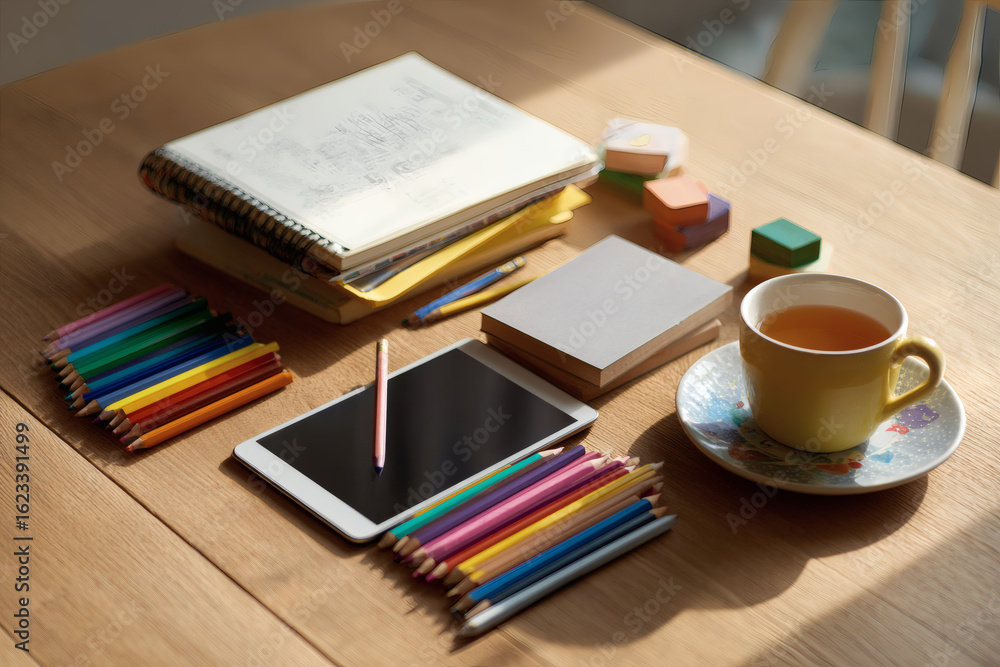 Naklejka premium Homeschooling setup with tablet and pencils