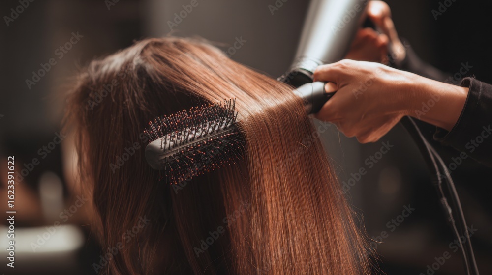 Fototapeta premium Styling long hair with a round brush and hairdryer in a cozy salon setting