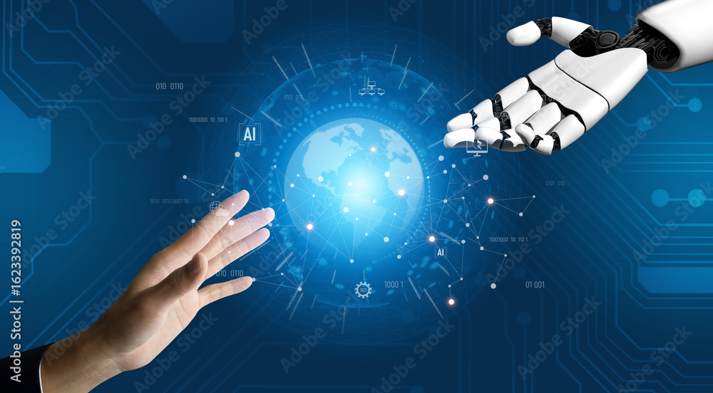 Naklejka premium AI empowers the global AI network by enhancing global, AI, and network integration for worldwide data connectivity Vouch