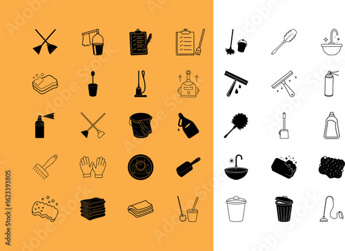 Cleaning supplies and tools icons set broom
