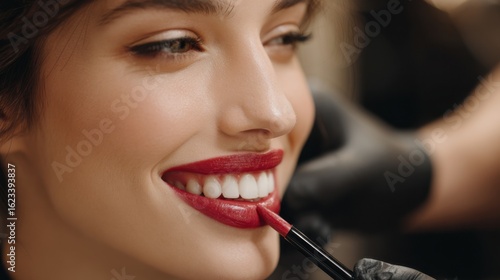 Professional makeup artist applying bright red lipstick to a smiling woman during a beauty session in a studio