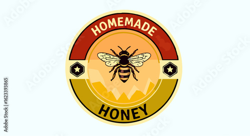 A circular vintage badge for homemade honey, with a hand-drawn bee, retro typography, and warm earthy tones (amber, brown, beige), flat vector style with textured edges.generative ai