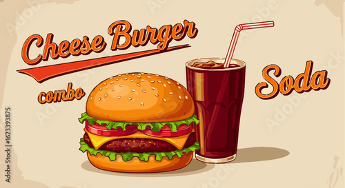 A nostalgic 1950s-style vector poster of a cheeseburger and soda combo, with warm, saturated colors, retro fonts, and aged paper texture, set on a clean beige background.generative ai