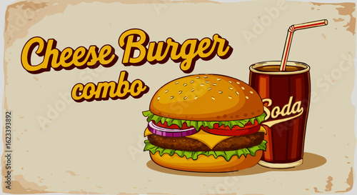 A nostalgic 1950s-style vector poster of a cheeseburger and soda combo, with warm, saturated colors, retro fonts, and aged paper texture, set on a clean beige background.generative ai