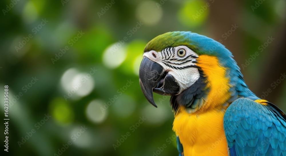 Fototapeta premium Vibrant Blue and Yellow Macaw Parrot Perched Amidst Lush Greenery