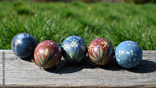 Five handpainted Easter eggs on a weathered wooden surface set against a lush green background
