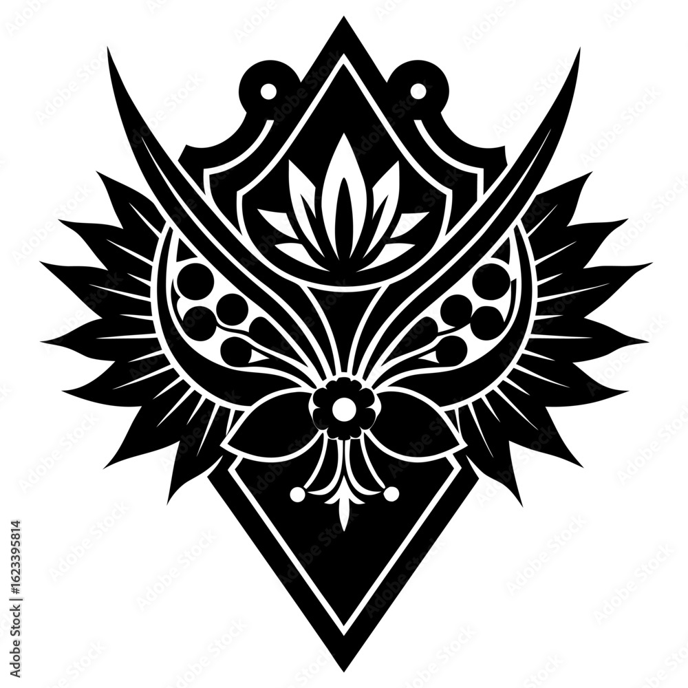Fototapeta premium Black and white mandala design with floral and geometric patterns, symmetrical vector illustration, perfect for tattoos or decorative art