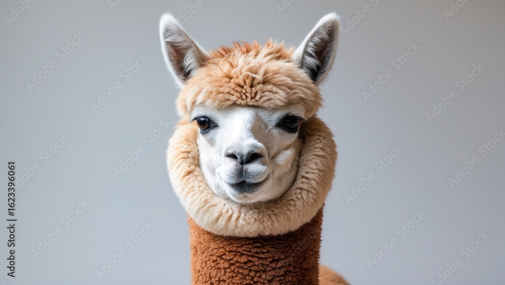 Obraz premium Llama head with a funny expression, close-up portrait. Fun and playful animal photo. Cute and amusing Llama face.