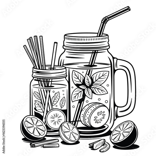 Asian infused water combo with lemon-mint water, cucumber water, basil seed drink, lemongrass infusion, mason jar, bamboo straw, and sliced fruits black and white vector