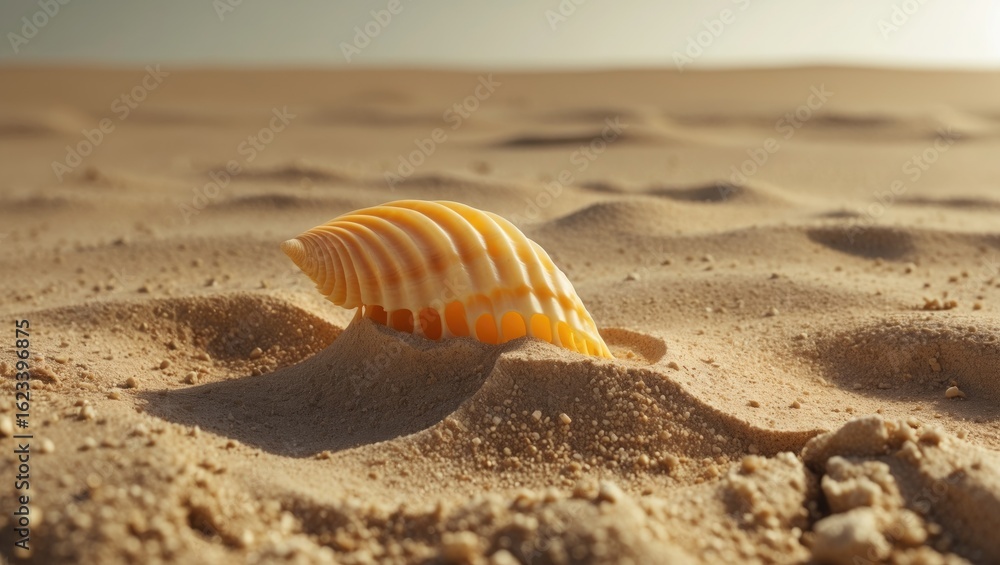 Obraz premium Sea shell on sand, beach scene with sand dunes and shell. Nature and seaside environment. Coastal and marine life. The scene of the shell in the sand.