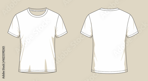 Blank white t-shirt vector illustration template. Front and back views for apparel mockup and fashion design technical sketch.