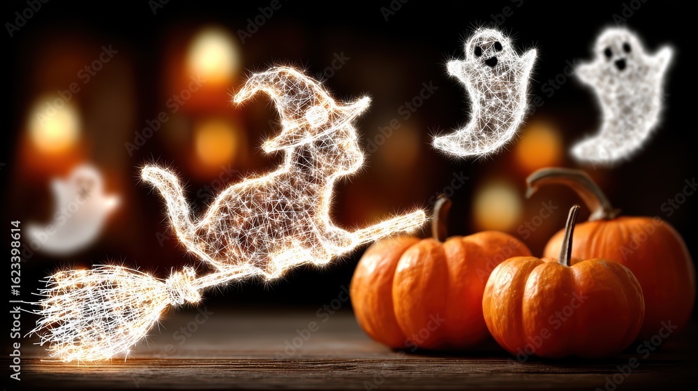 Magical cat illustration flying on broomstick with pumpkins and ghostly figures in a festive atmosphere Magical cat illustration flying on broomstick with pumpkins and ghostly figures in a festive atmosphere