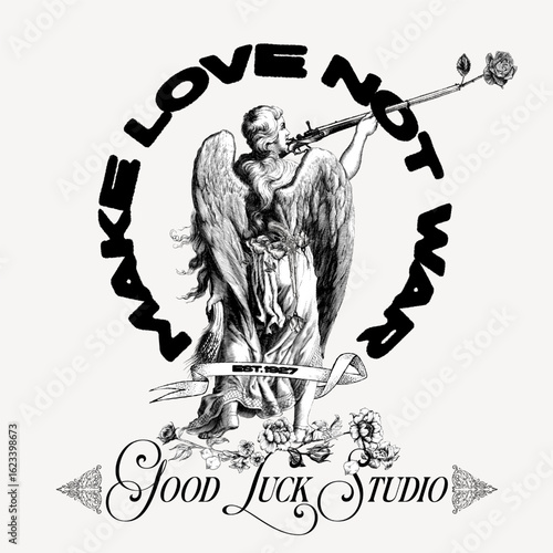 Urban fashion illustration featuring an angel with wings aiming a rifle that fires a blooming rose, styled with bold text and symbolic message. Edgy concept for streetwear and youth apparel