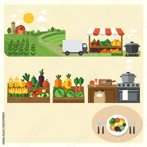 Farm to Table Food Journey Seamless Vector Pattern