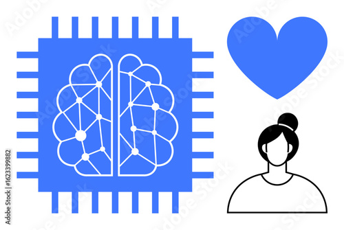 Brain in circuitry, heart, and person silhouette symbolize AI, empathy, and user interface. Ideal for AI, technology communication, healthcare, innovation digital assistance personal connection