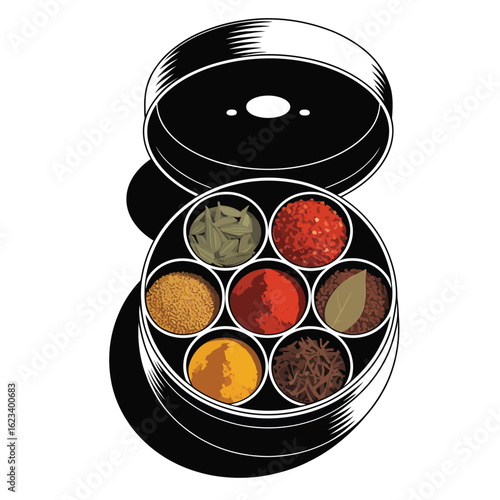 Black and white vector of Indian masala dabba with cumin, chili powder, turmeric, and clove arranged in a traditional round spice box