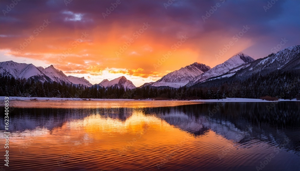Fototapeta premium vivid sunset reflected on a calm lake with snow covered mountains under dramatic lighting in winter