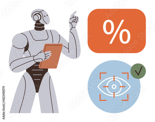 Robot holding a clipboard pointing at data with a percentage sign, eye recognition, and validation. Ideal for AI insights, data analysis, technology, automation, innovation, machine learning future