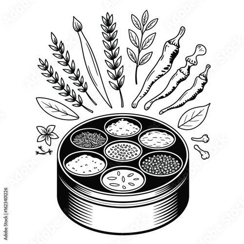 Black and white vector of Indian spice box (masala dabba) with cumin, turmeric, chili powder, clove, and bay leaf in round container