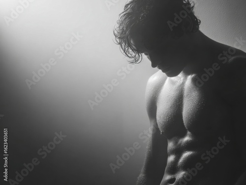 A shirtless male figure with defined muscles, illuminated by soft light, exuding a moody atmosphere.