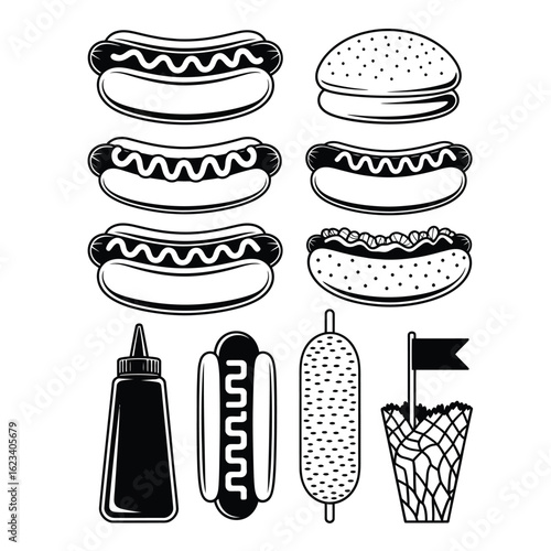 Hot dog variety set with classic sausage bun mustard relish onions chili and condiments black and white vector