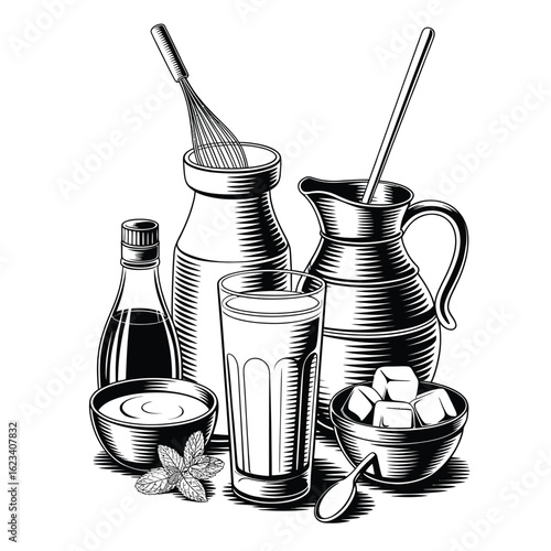 Indian street lassi stand with clay glass, stainless jug, whisk, sweet and salted lassi, rose syrup, mint leaf, yogurt bowl, and ice cubes black and white vector